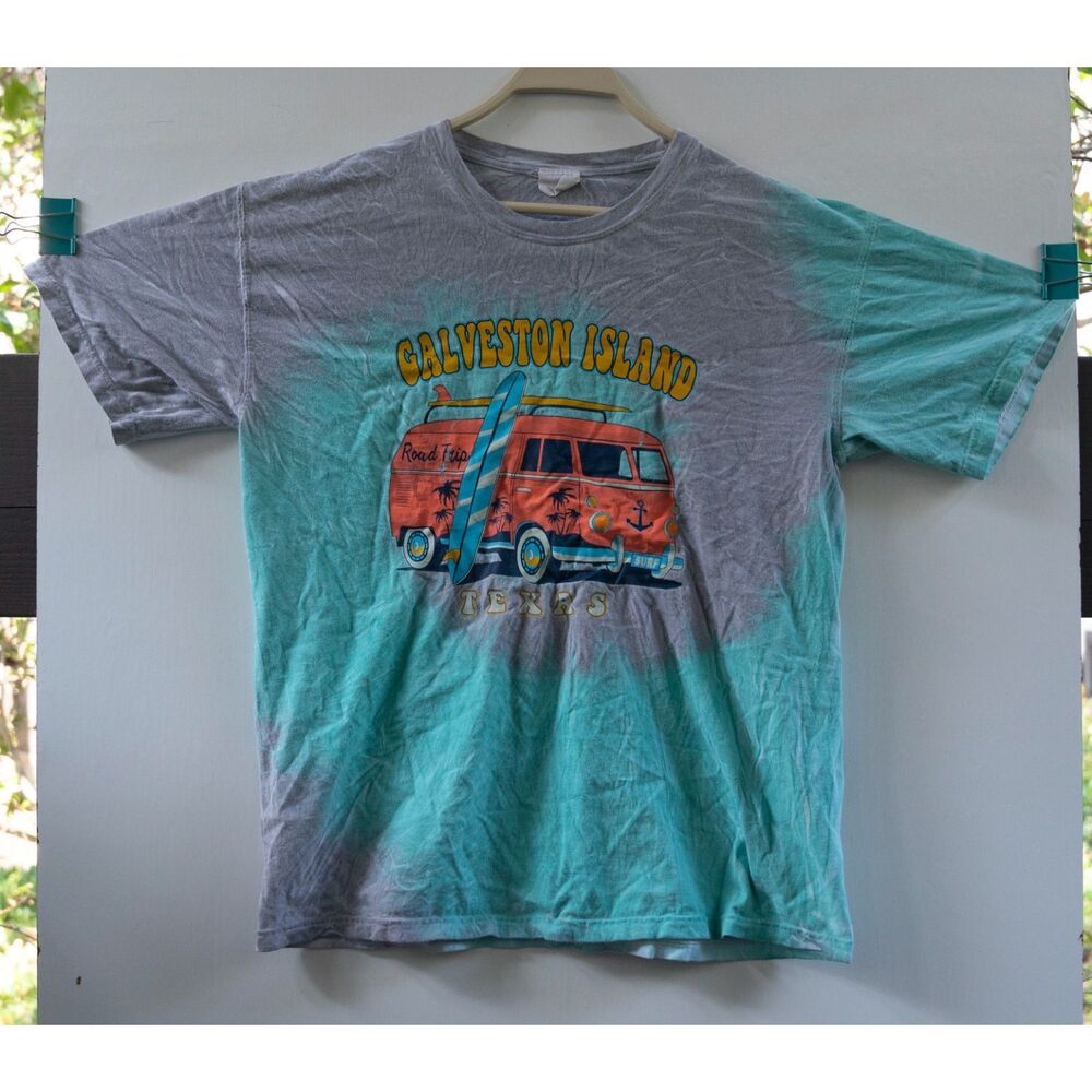 Vintage‎ Galveston Island Texas TX VW Van Surf Tie Dye T-Shirt Blue Gray Size L